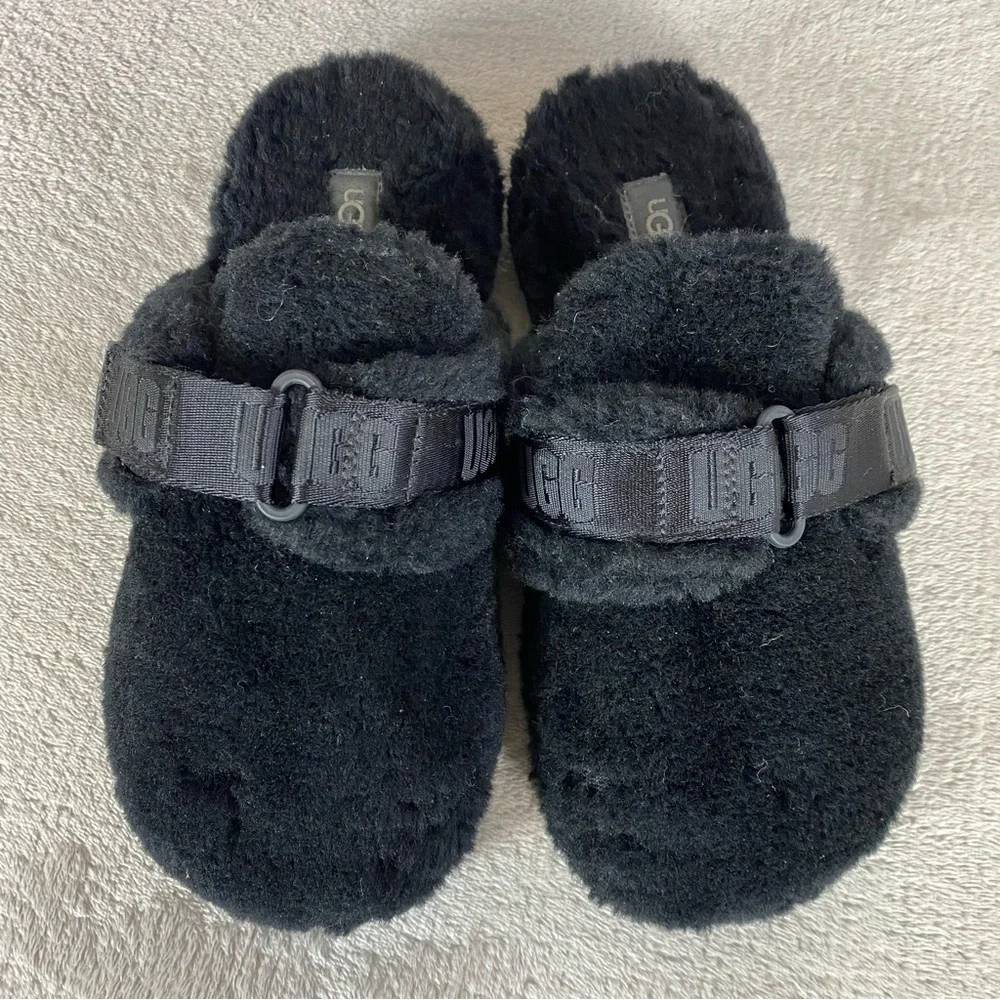 UGG Fluff It Mens Slipper Mule Size 9 Black Sheepskin Slip On Adjustable - Picture 8 of 11